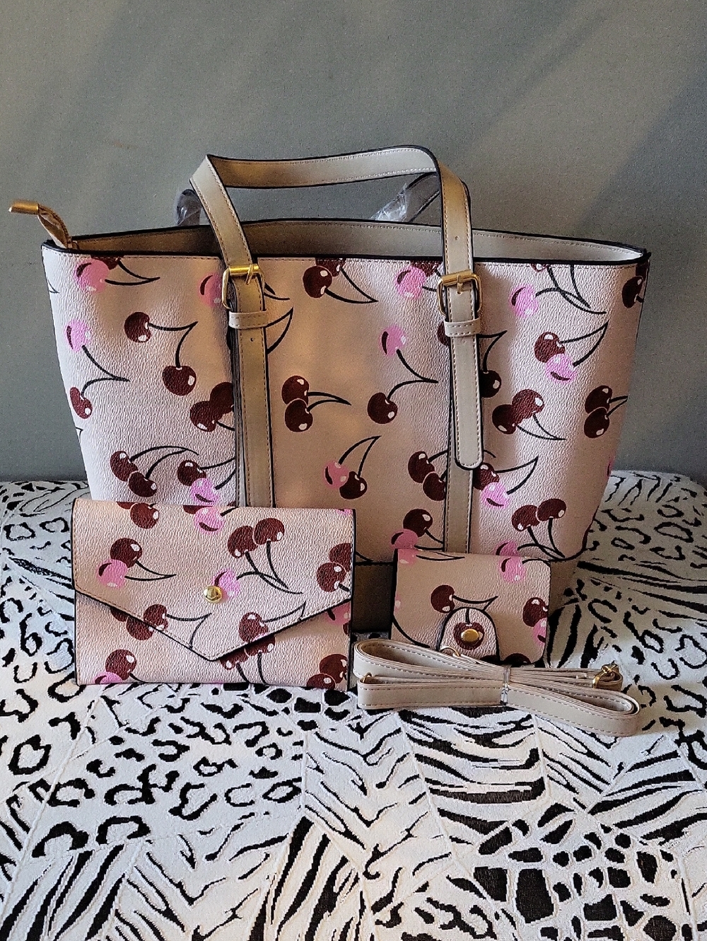 Pink Cherry Print Tote Bag Set with Matching Wallets
